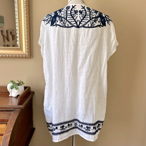 Tory Burch Embroidered Beach Caftan Cover-Up Mini Dress Navy Blue White Linen S - Picture 6 of 11